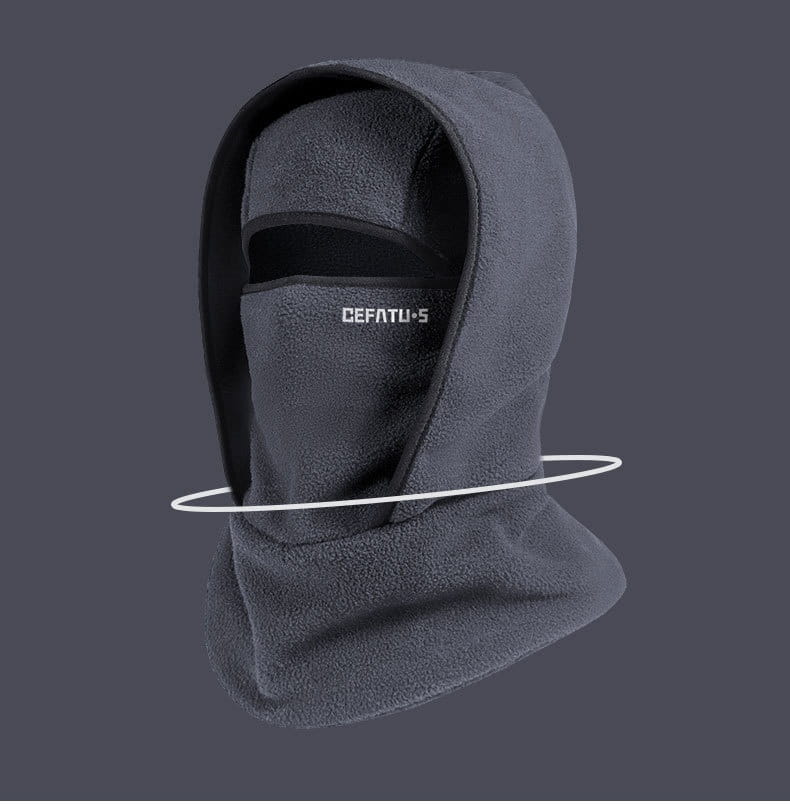 Dark gray fleece balaclava with black inner lining and cefatu-s branding featured in a fleece balaclava winter hat scarf set.