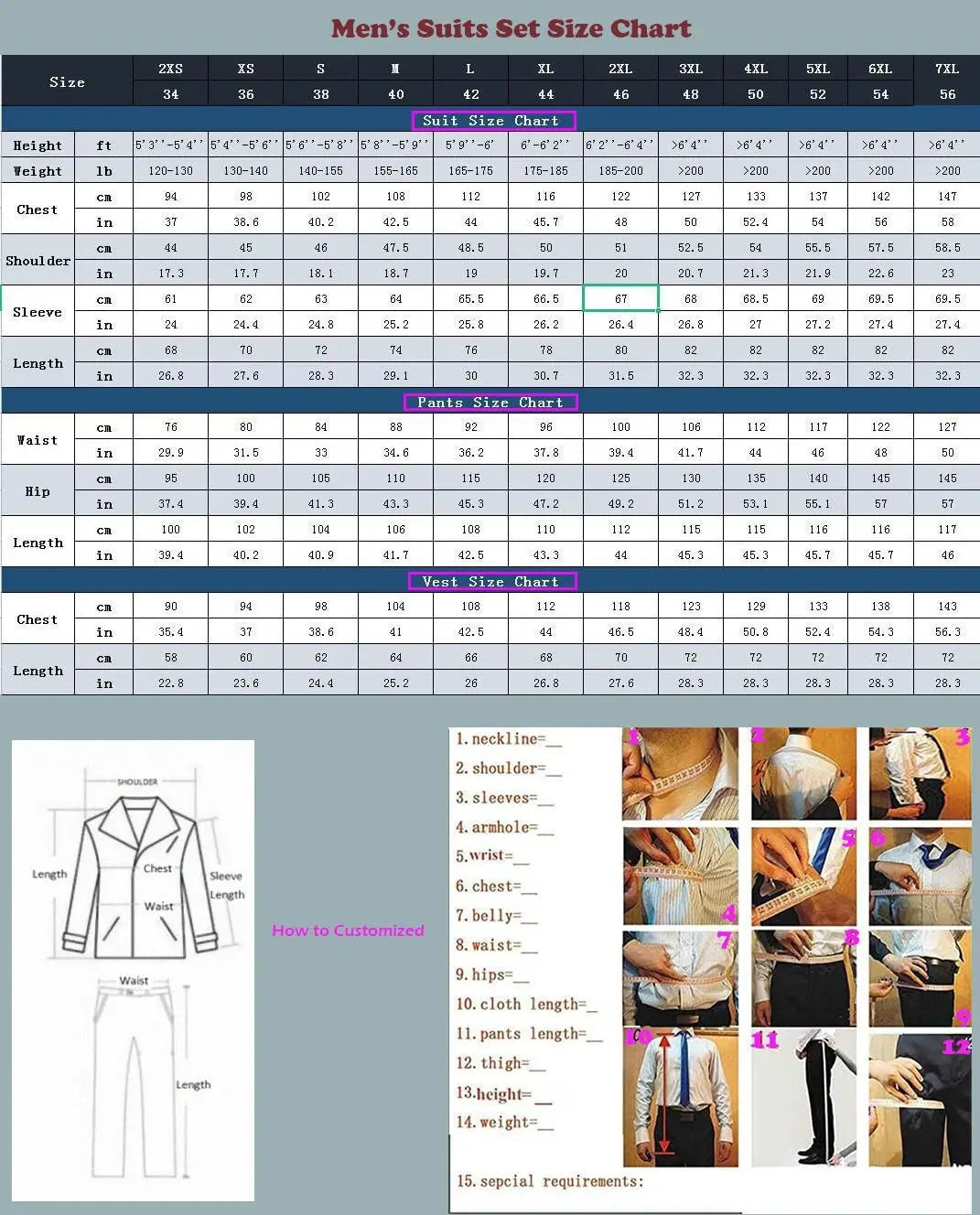 Gráfico de tallas del traje cruzado doble de corte entallado para hombre, con medidas detalladas para diversas tallas y dimensiones corporales.