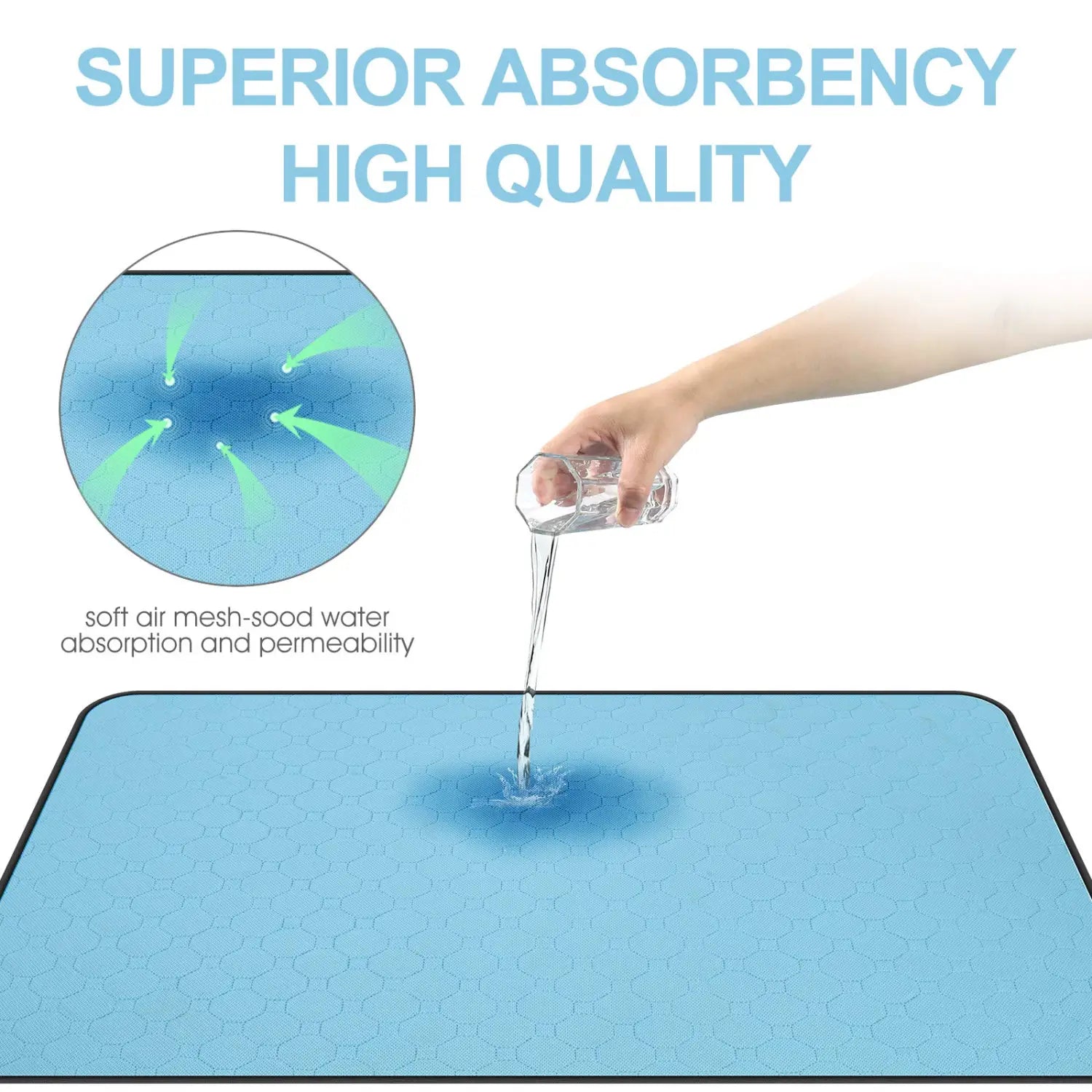 hellblaue, waschbare Hundepfotenunterlage mit sechseckig gemusterter absorbierender Oberfläche und weichem Air-Mesh-Design für wasserdichtes Training im Zweierpack.