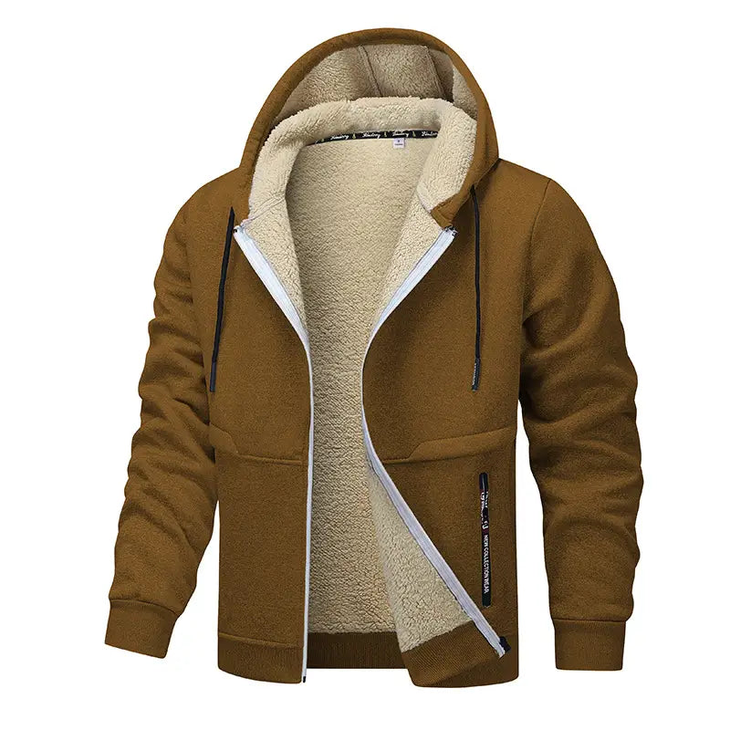 Herren-Schwergewicht-Sherpa-Fleecepullover mit Reißverschluss, innen mit Sherpa gefüttert, in braun mit plüschigem beigem Sherpa-Futter und schwarzen Kordeln.