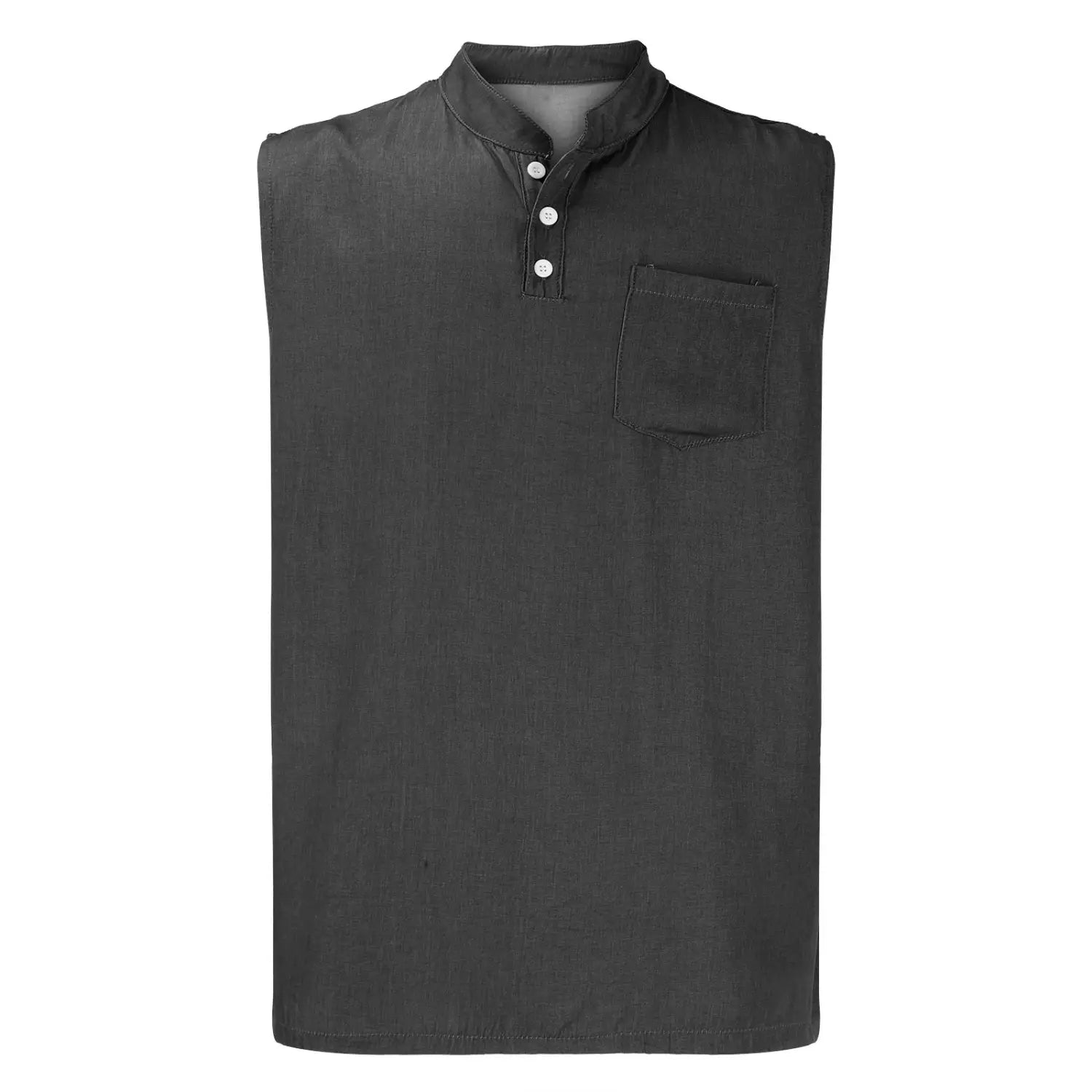 Men’s slim fit sleeveless denim henley shirt in black featuring a mandarin collar, three white buttons, and a single chest pocket.