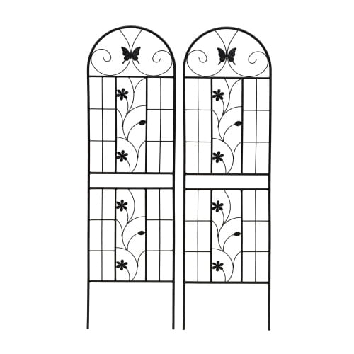 Black wrought iron garden trellis with arched top and rustproof butterfly floral design, 71 inches tall, sold in a 2 pack.