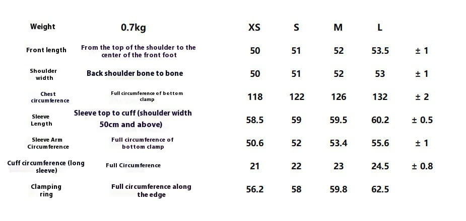 Size chart for black quilted hooded puffer coat showing measurements in centimeters and weight of 0.7kg across sizes xs to l.