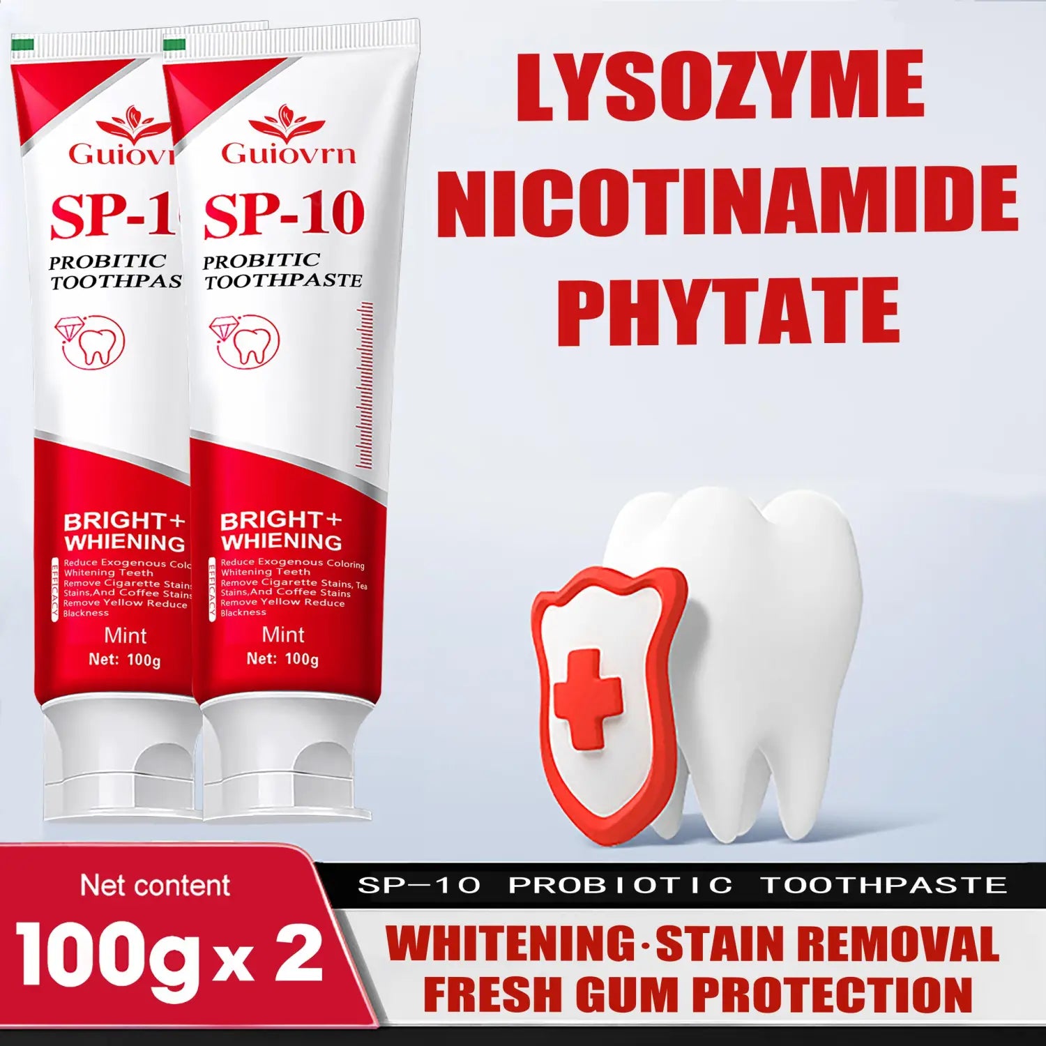Two white and red tubes of Guiovrn sp-10 probiotic whitening toothpaste with mint flavor each containing 100g in a 2 pack.