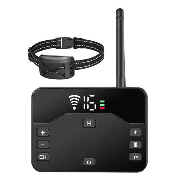 Black wireless dog fence and training collar system ipx6 featuring a receiver with digital display, antenna, and control buttons.