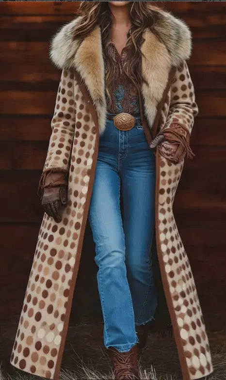 Ein langer beiger Wollmantel für Damen mit einem braun-beigen Polka-Dot-Muster und einem luxuriösen Fellkragen.
