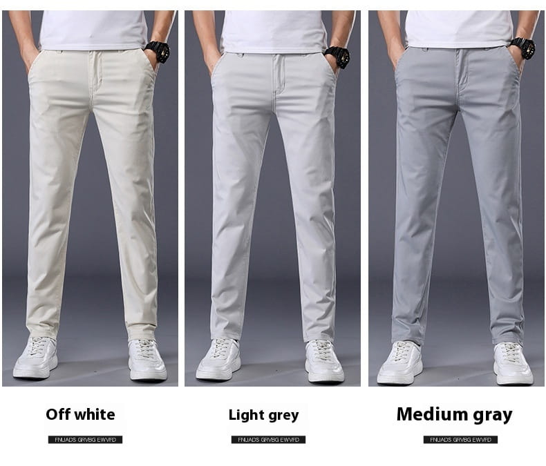 Herren-Chinohosen Slim Fit aus elastischer Baumwolle mit geradem Bein in den Farben Off-White, Hellgrau und Mittelgrau erhältlich.