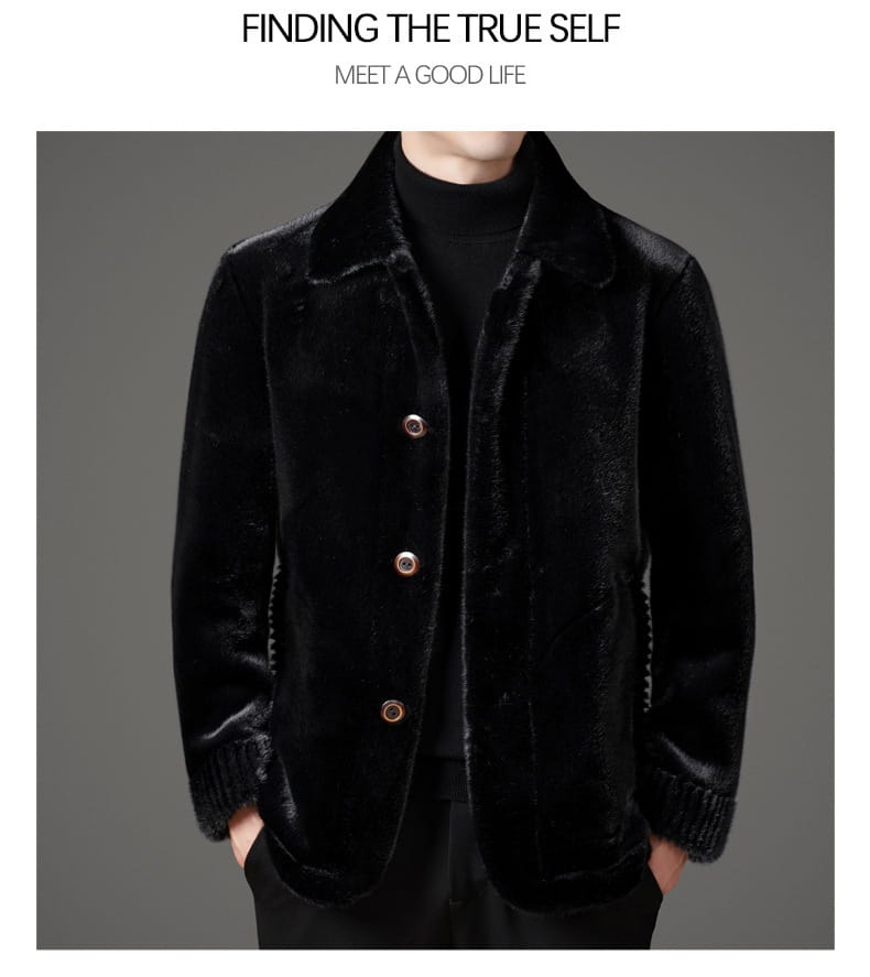 Black velvet faux fur winter coat for men with a plush collar and matching cuffs featuring three round metallic buttons down the front.