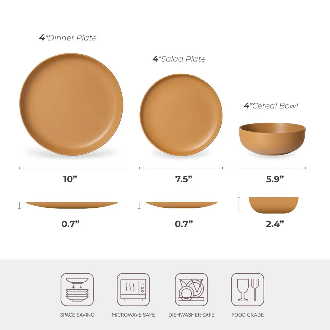 Set of four terracotta-colored stoneware dinner plates salad plates and cereal bowls with a matte glaze finish for four in a 12 piece dinnerware set.