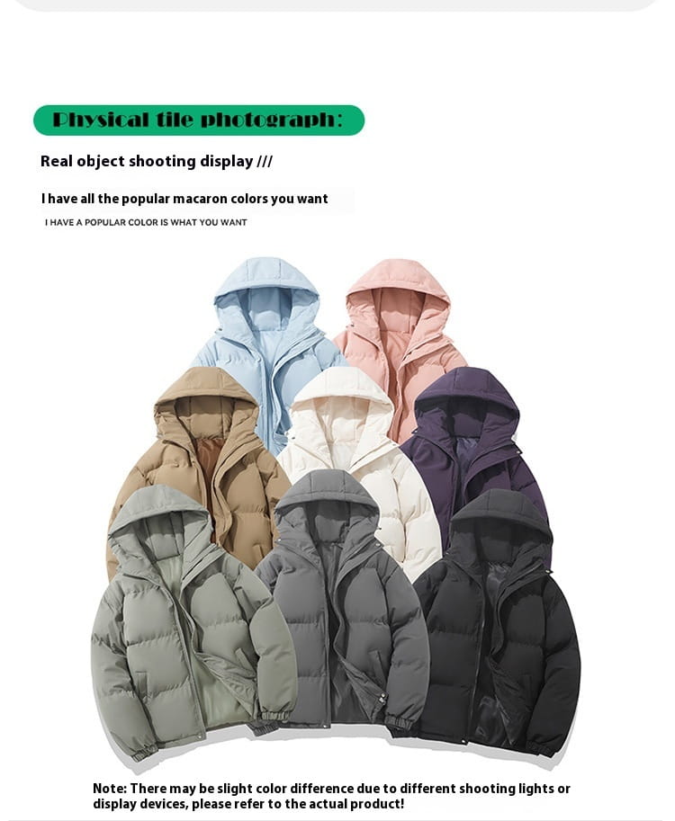 Eine Kollektion von Damen-Kapuzensteppjacken mit wattierter Polsterung in sanften Macaron-Farben, einschließlich hellblau, puderrosa, beige, weiß, olivgrün und schwarz, mit gemütlichem, wattiertem Material.
