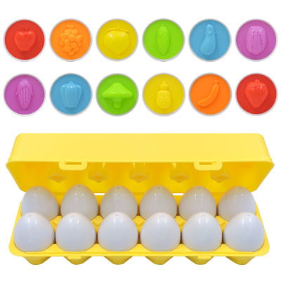 montessori matching egg toy shape and color sorter set with brightly colored plastic fruit and vegetable sensory toys nestled in a yellow egg carton.