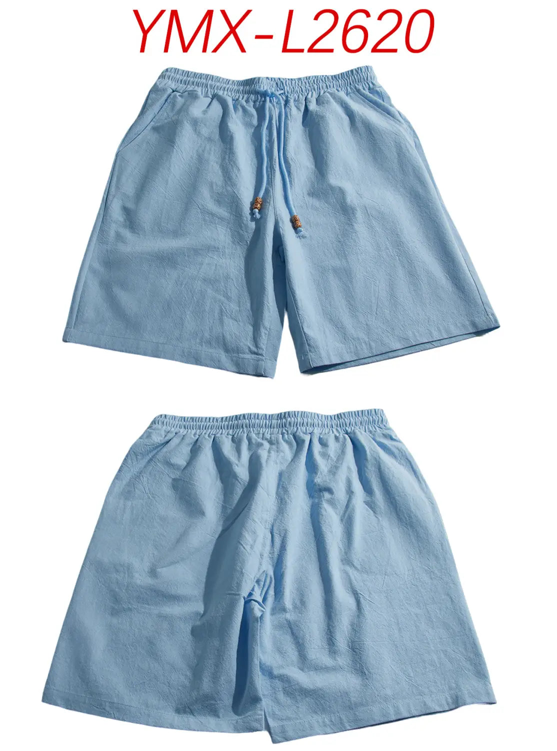 Light blue mens cotton linen drawstring shorts with an elastic waistband and small wooden toggles.