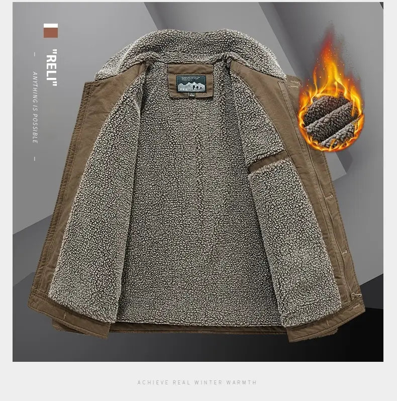 Mens fleece lined winter cotton jacket in tan with a shearling-lined plush textured interior and a sturdy outer fabric.