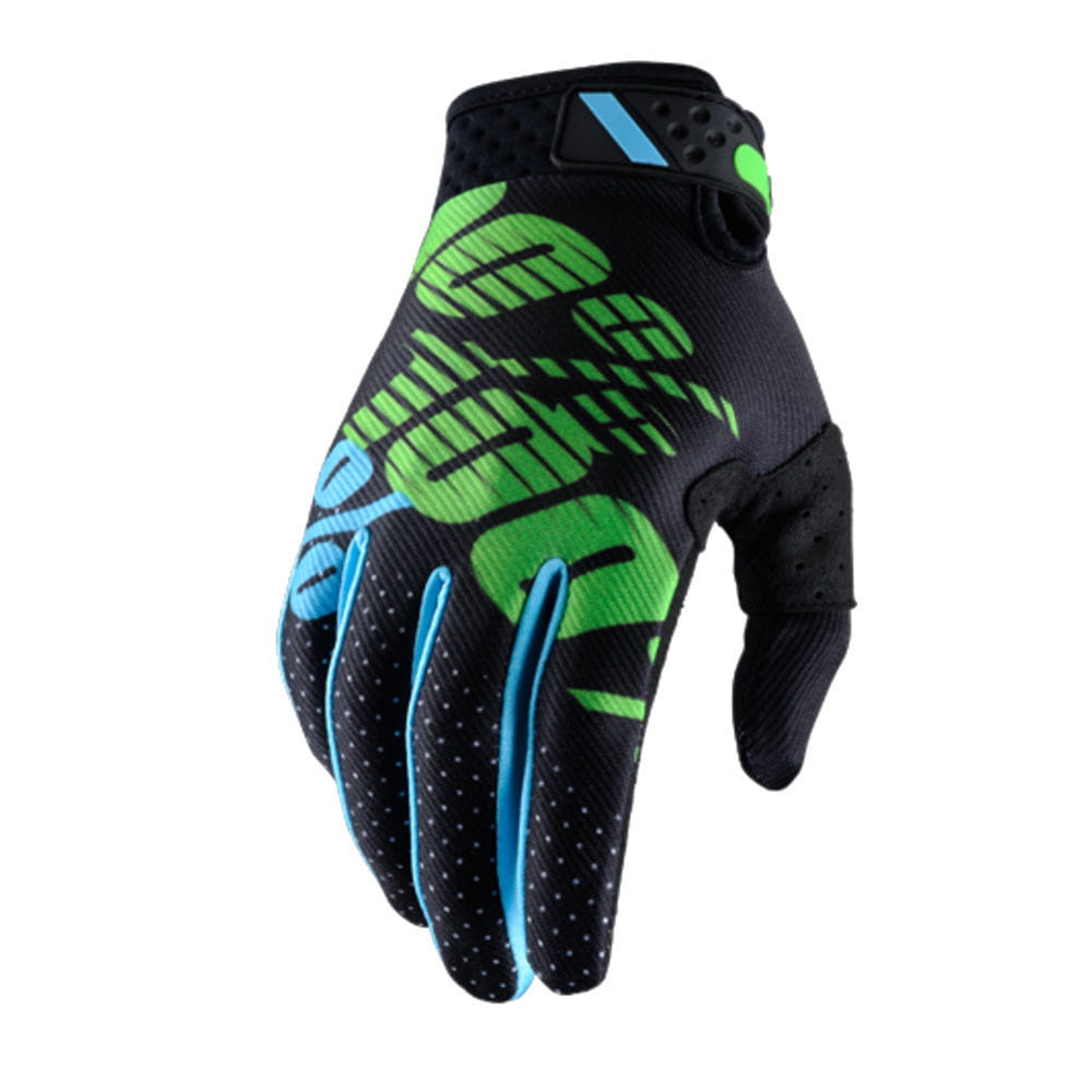Black motorcycle riding glove showing the back side with vibrant green and blue letter pattern graphic design and perforated breathable material for motocross gear.