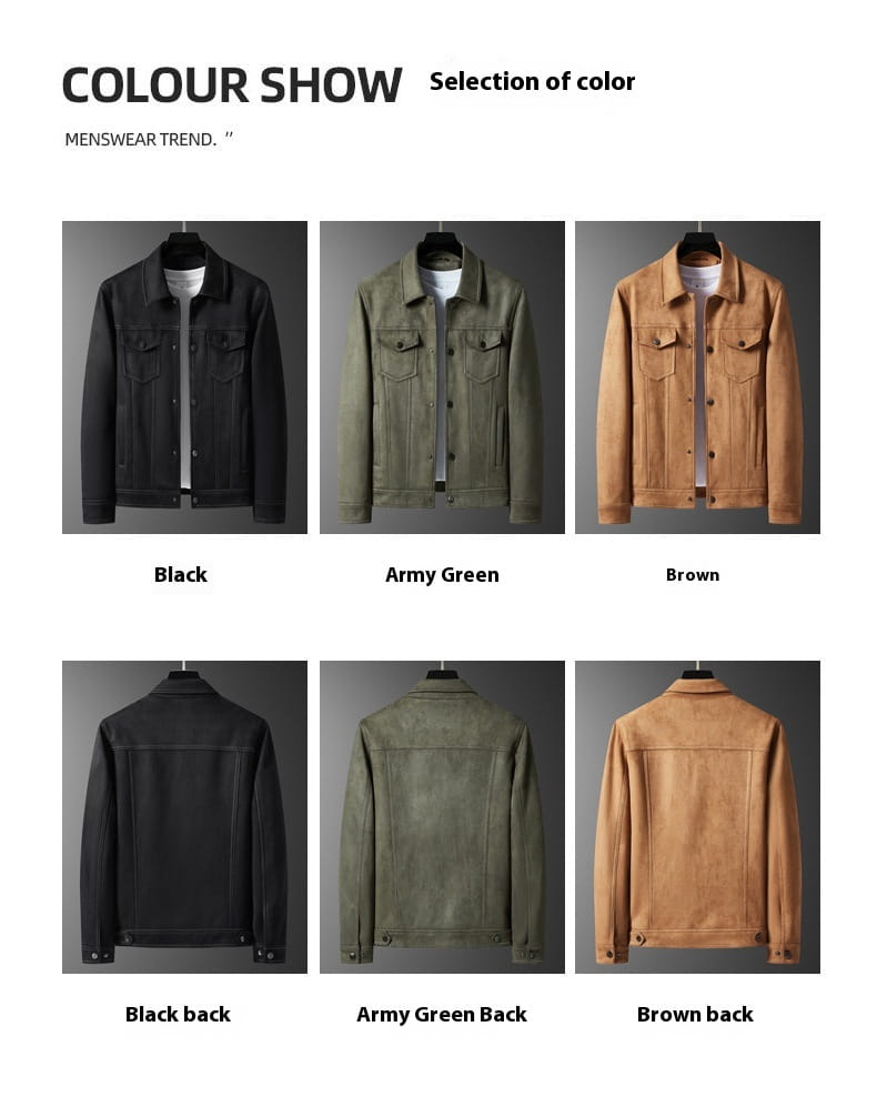 Manteau en suède décontracté ajusté pour homme en noir, vert armée et brun, avec un design classique de veste en jean, comprenant des fermetures boutonnées et des poches à rabat.