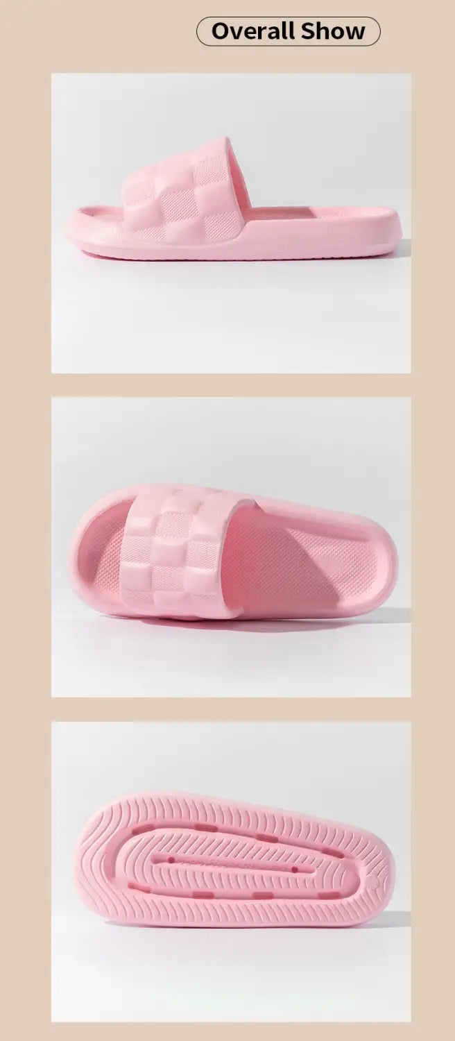 Pink rubber quilted eva soft sole breathable slide sandal with textured strap and molded sole.