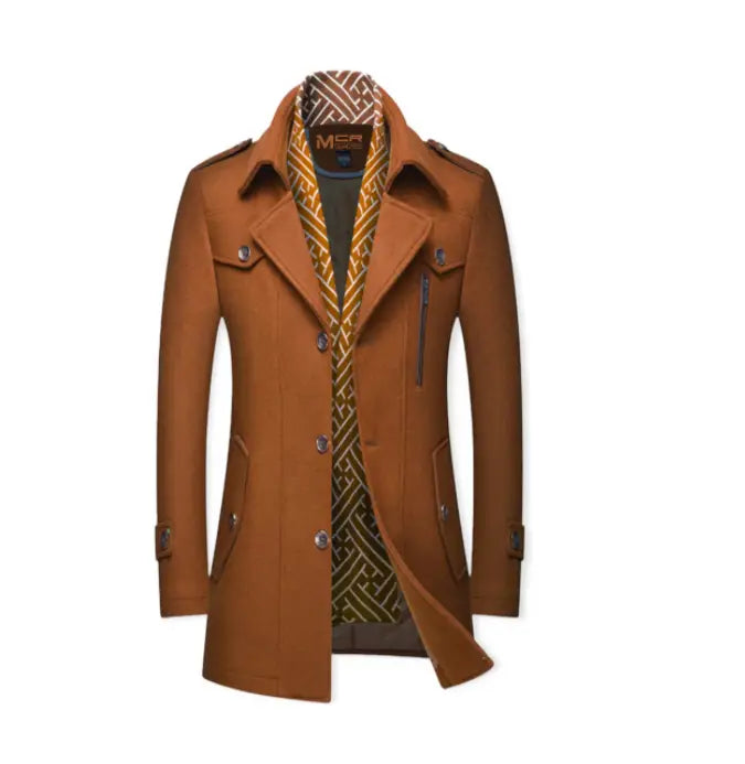 Men thickened trench coat in brown woolen fabric with a double collar dark buttons and patterned inner lining.