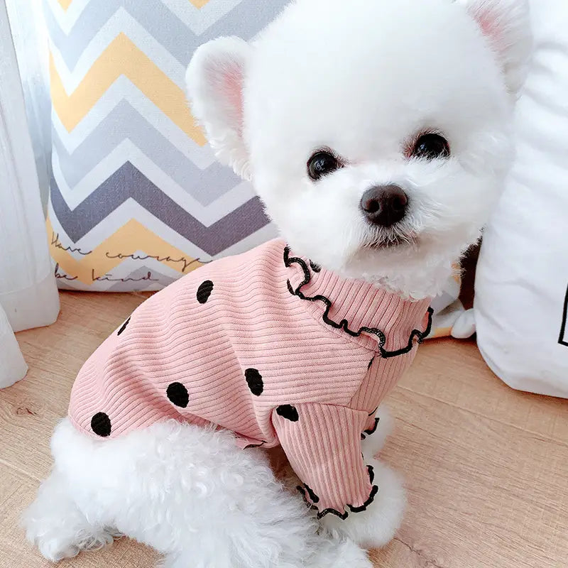 Camiseta tipo cuello vuelto de algodón de manga larga con estampado de lunares y diseño de perro