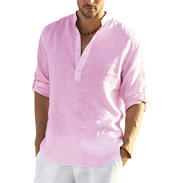 A light pink men’s casual v neck rolled sleeve pullover shirt made of breathable linen.