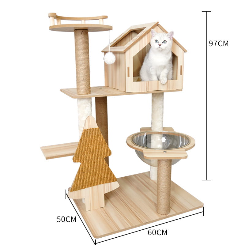 A light wood wooden cat tree scratching post and condo featuring a house-shaped perch, sisal rope-wrapped scratching posts, and a stainless steel bowl mounted on the lower level.