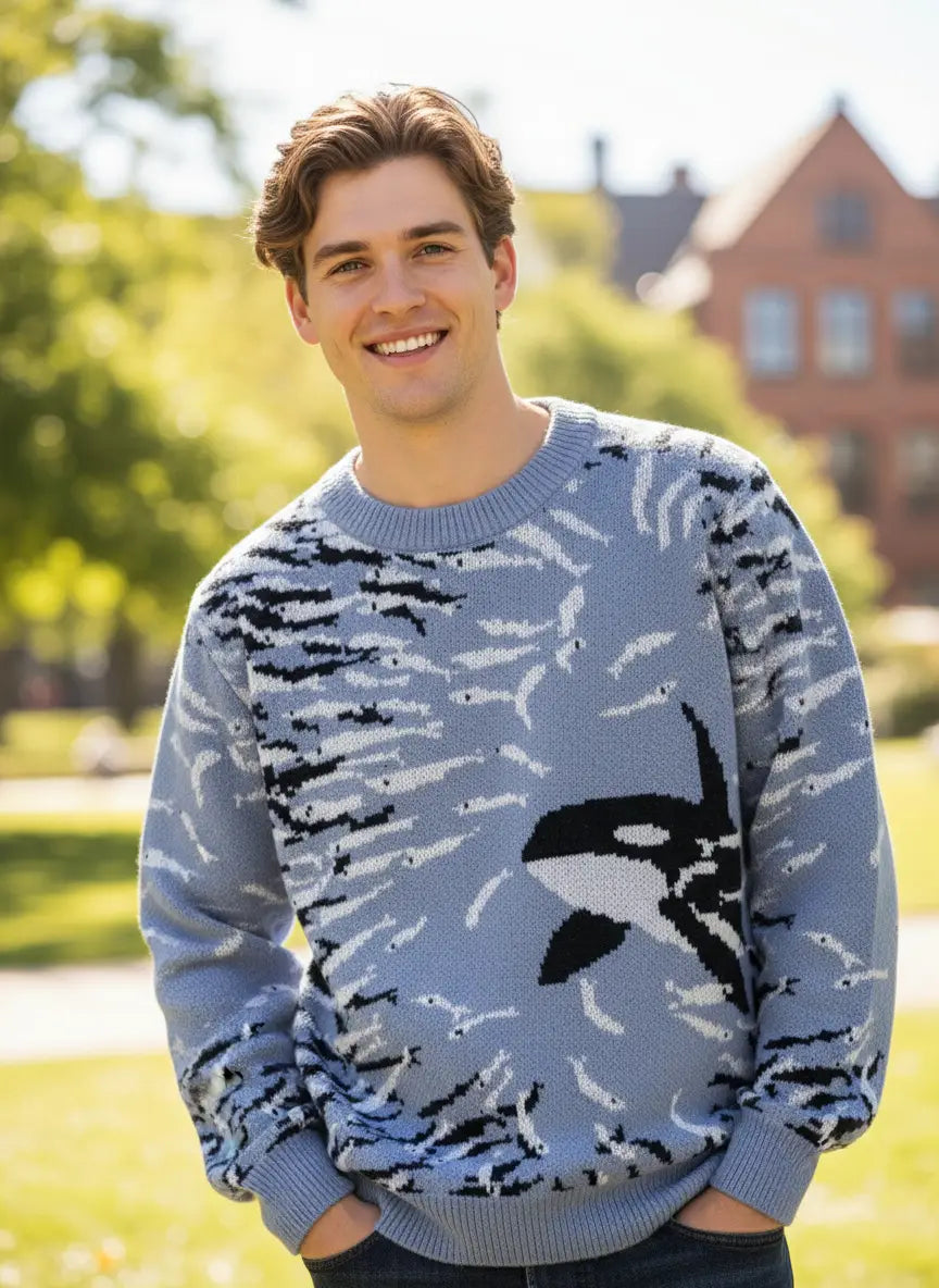Ein hellblau gestrickter Pullover aus weichem Garn mit einem auffälligen Schwarz-Weiß-Orca-Design und kleineren Fischmustern im Casual-Koreanpullover-Stil.