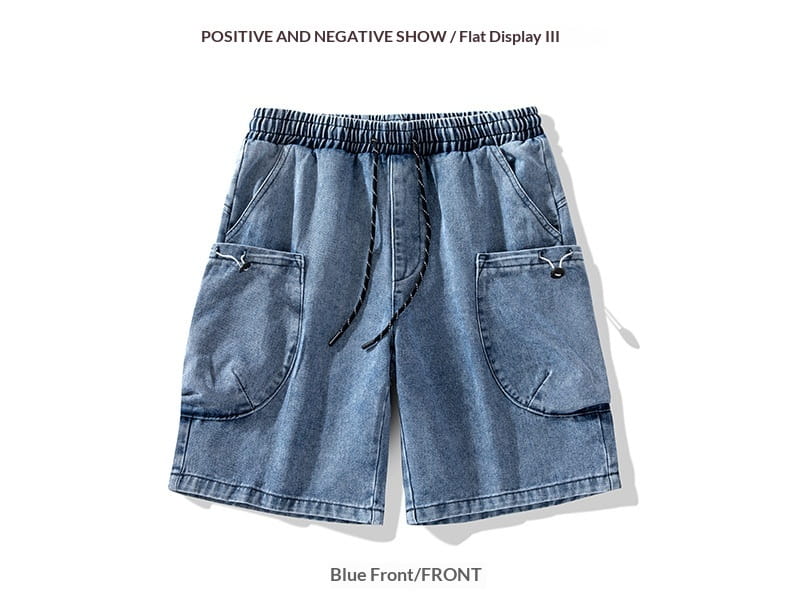 Light-wash cargo denim shorts with an elastic waistband and drawstring featuring two large front pockets with buttoned flaps ideal for streetwear.