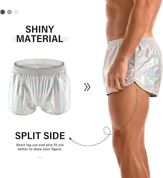 Mens shiny metallic casual shorts in silver with a holographic finish and split side design.