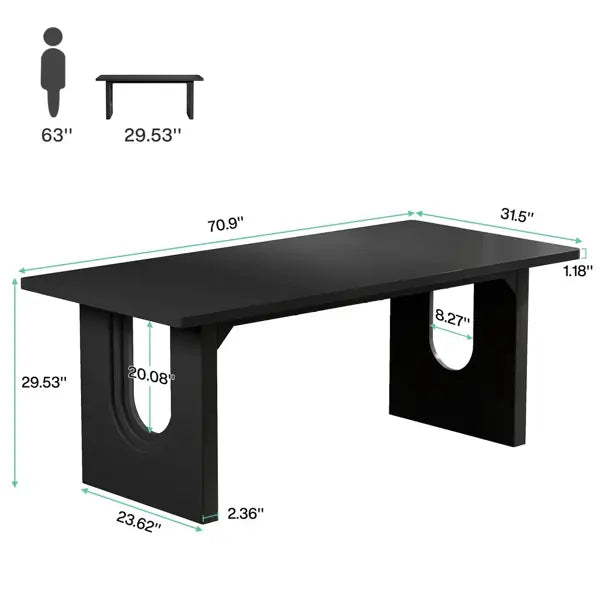 Schwarzer rechteckiger Schreibtisch für das Büro des Geschäftsführers mit schlankem modernem Design und markanten ovalen Aussparungen in den geschwungenen Beinen, 71 Zoll messend.