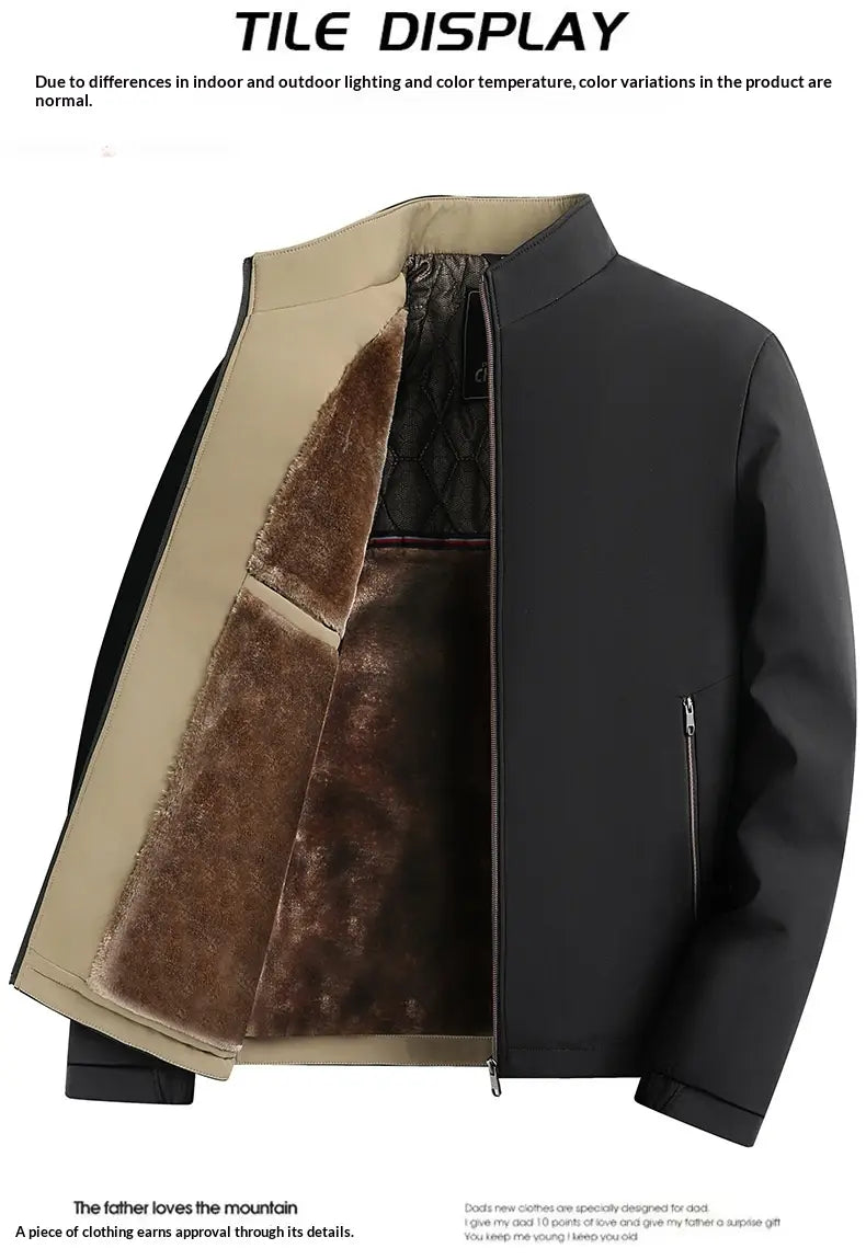 Men fleece lined winter jacket business casual black and beige quilted bomber jacket with plush brown shearling lining.