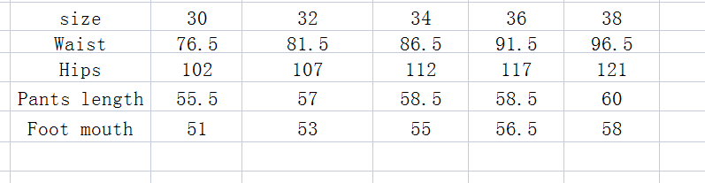 L’image présente un tableau des mensurations indiquant la taille des bermudas cargo à jambes droites pour homme en coton 100 %, avec ceinture, précisant les dimensions de la taille, des hanches et de la longueur du pantalon pour les tailles 30 à 38.