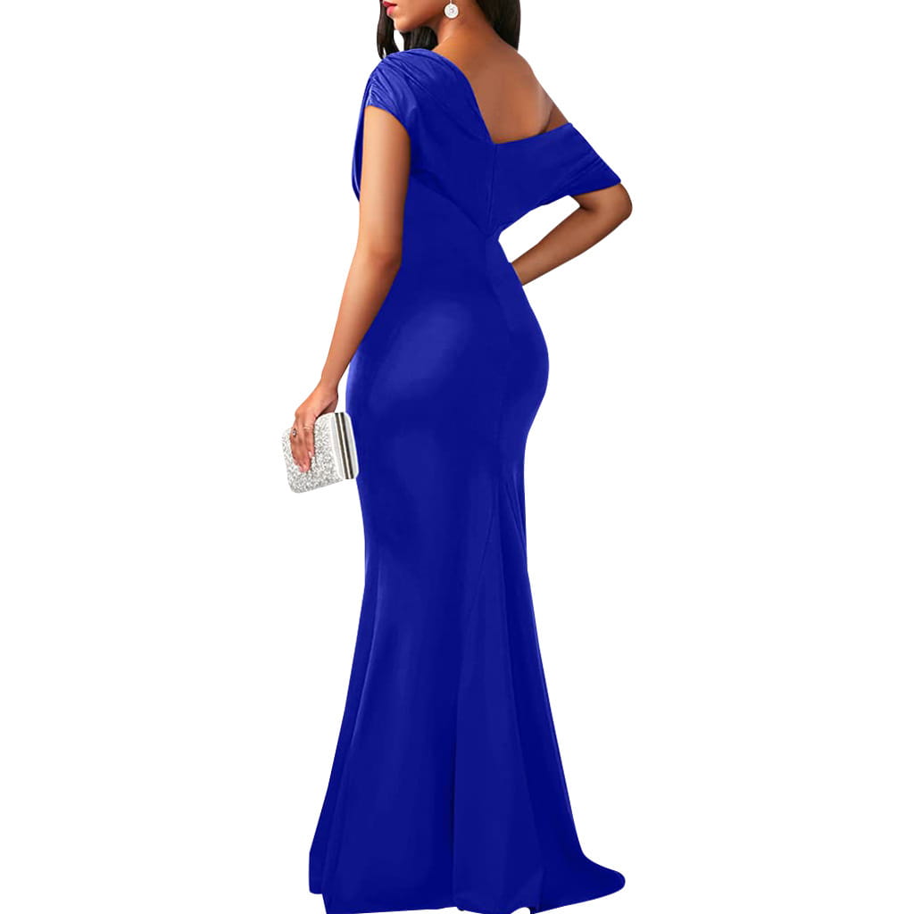 A vibrant royal blue off the shoulder mermaid evening gown with a draped bodice and sleek satin finish.