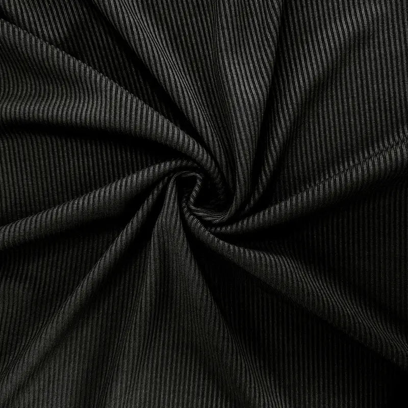 Black corduroy fabric with subtle ribbed texture and fine vertical stripes on a women’s ruffled ribbed knit slim fit mock neck top.