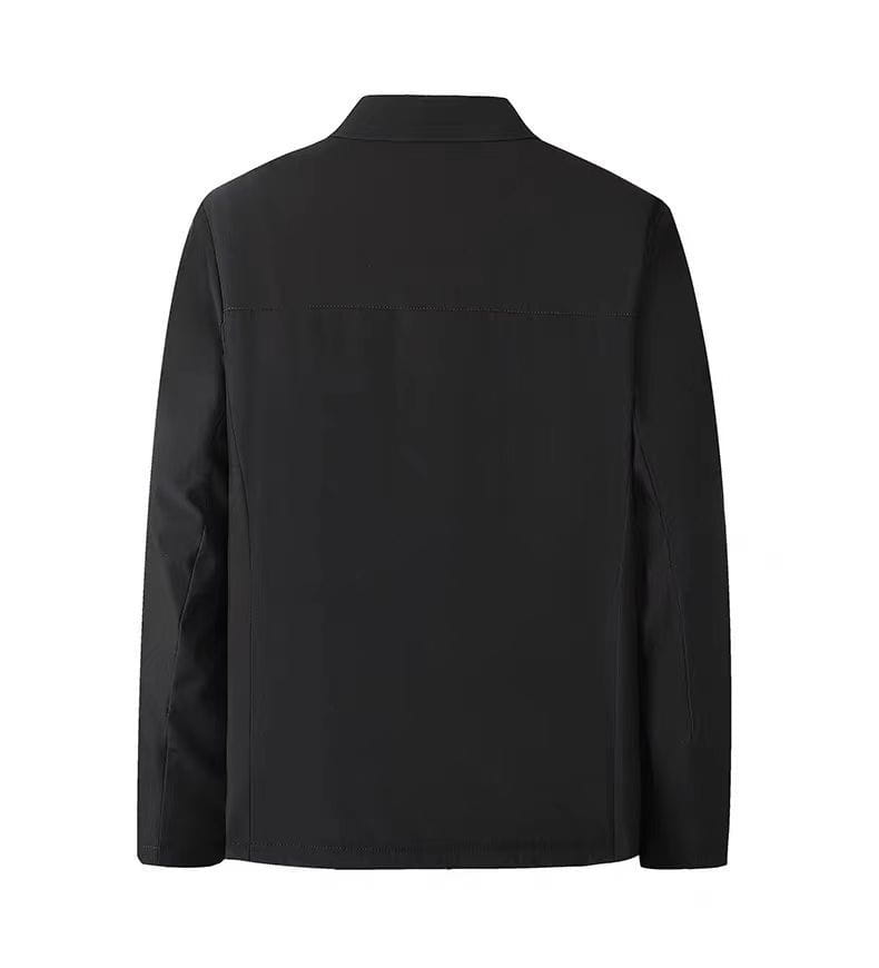 black sleek long-sleeved jacket with a modern tailored fit shown from the back in the style of a men’s padded winter cotton coat navy blue.