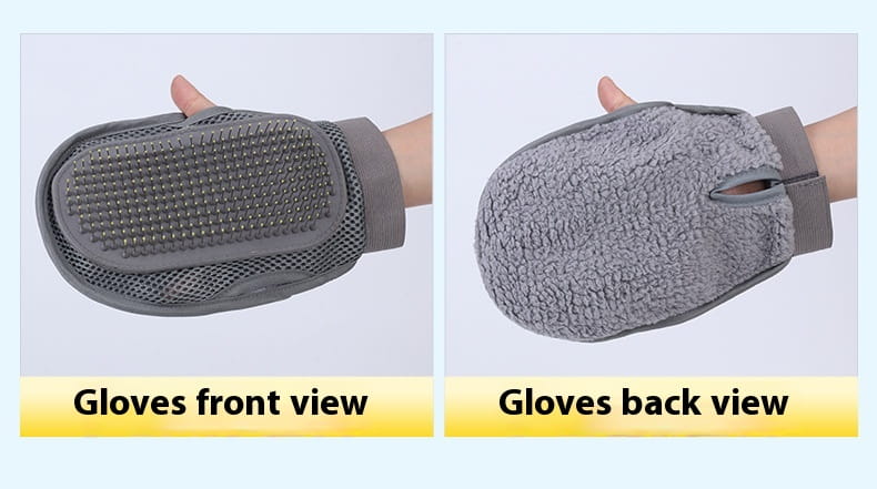 Gray pet grooming glove with silicone textured bristle side and soft plush fabric on the back for hair removal and bathing.