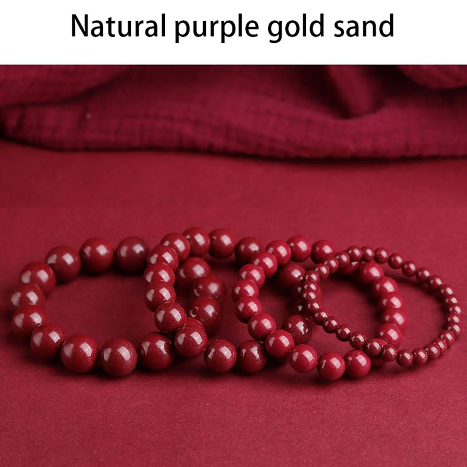 polished red cinnabar spherical bead bracelet featuring red beaded strands made from natural purple gold sand