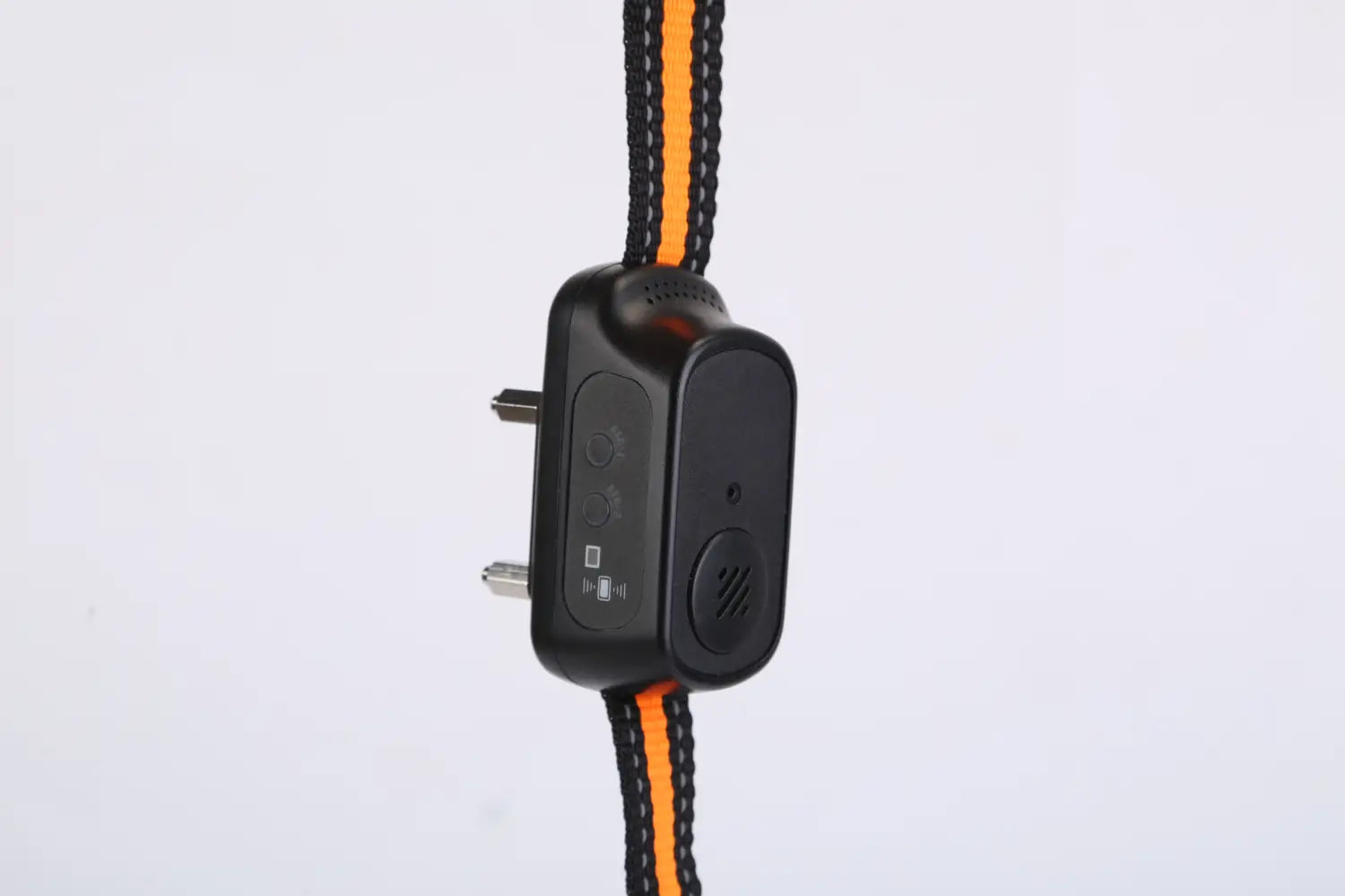 Black plastic dog collar transmitter with orange and black braided cord for dog training collar 984ft waterproof with voice record.
