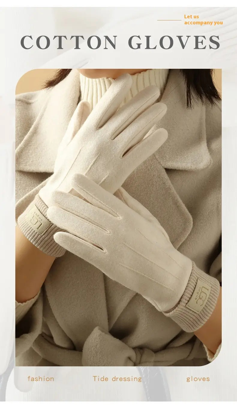 Weiße Baumwoll-Kaschmir-Touchscreen-Winterhandschuhe für Damen mit geripptem Bündchendesign, von der Rückseite dargestellt.