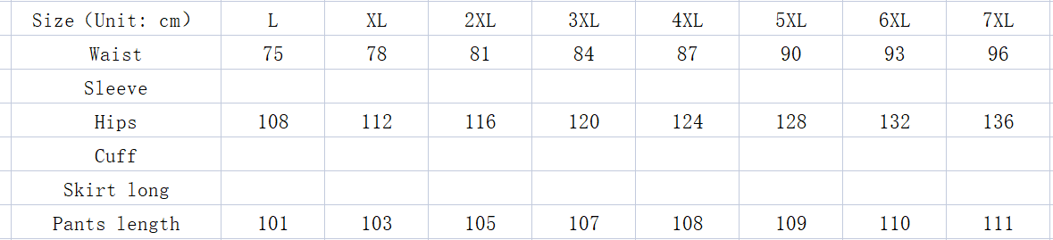 Size chart for thermal fleece lined winter joggers for women showing measurements in centimeters for sizes L to 7XL.