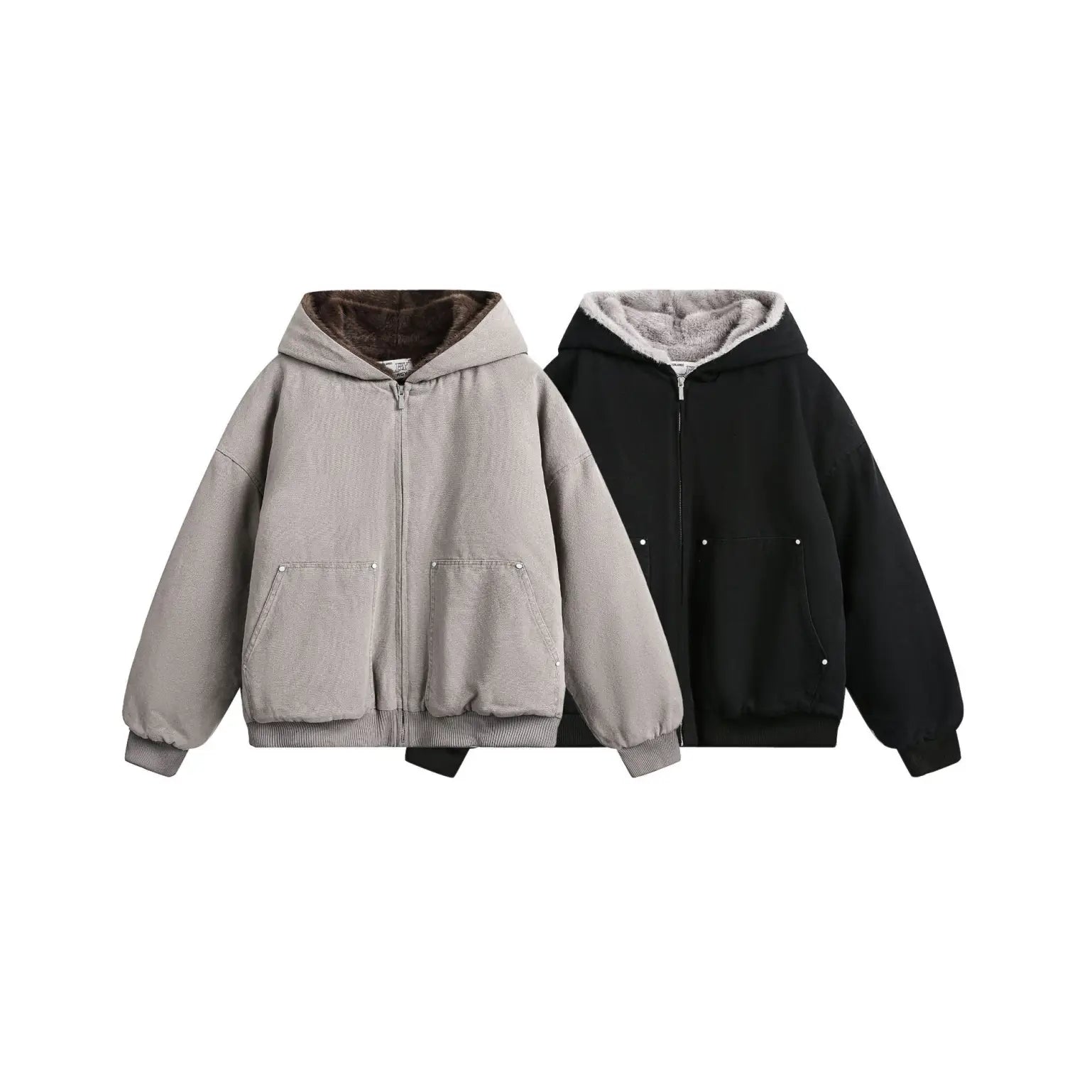 Chaqueta tipo sudadera con cremallera en color gris y negro, amplia y cómoda, con forro tipo felpa, diseñada como abrigo acolchado de invierno de algodón con forro de piel sintética para hombre y mujer.