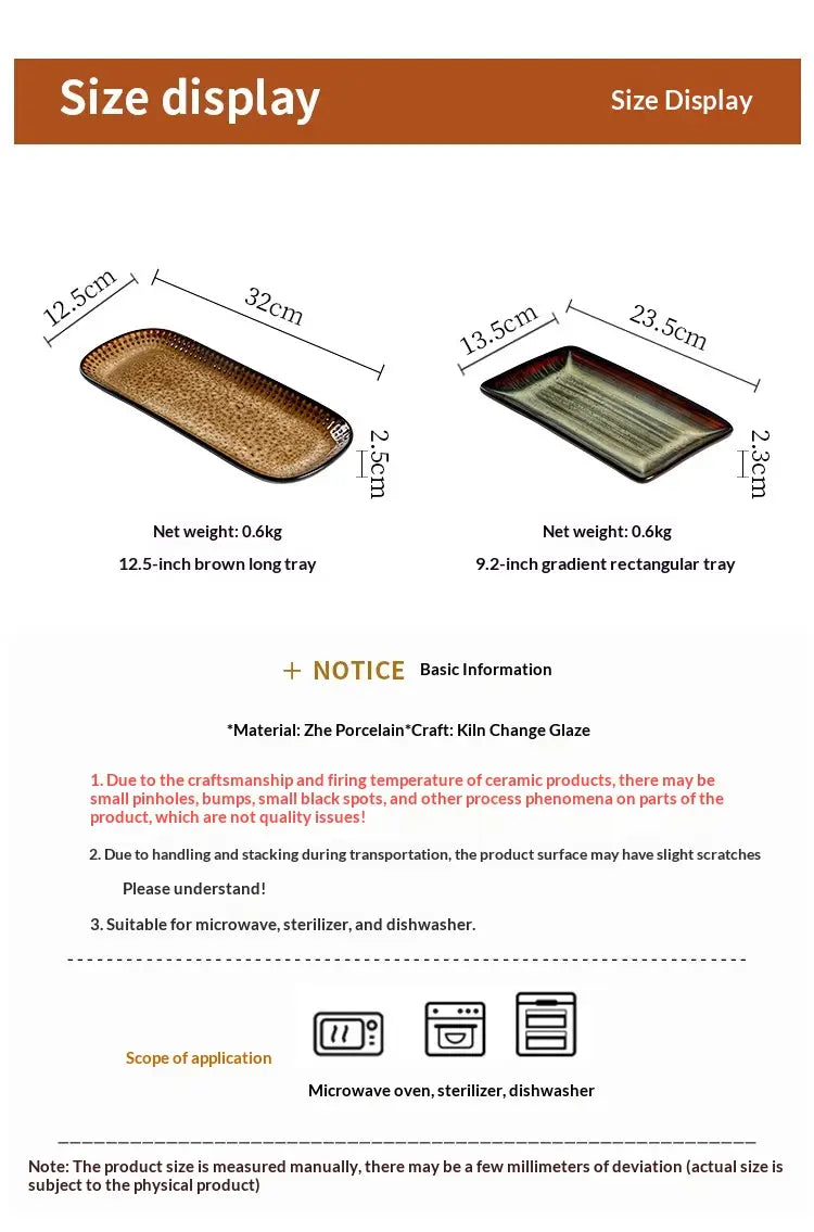 Two rectangular ceramic serving trays including a 12.5 inch brown textured tray and a gradient finish platter designed for elegant serving.