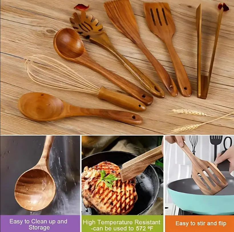 Set of seven wooden cooking utensils with natural wood grain and smooth rounded handles ideal for non stick kitchen use.