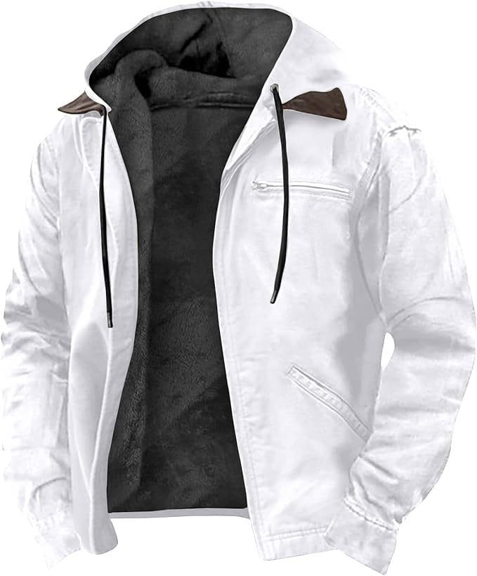 Chaqueta acolchada de algodón con capucha para hombre color blanco con forro polar negro y cuello con ribete marrón.