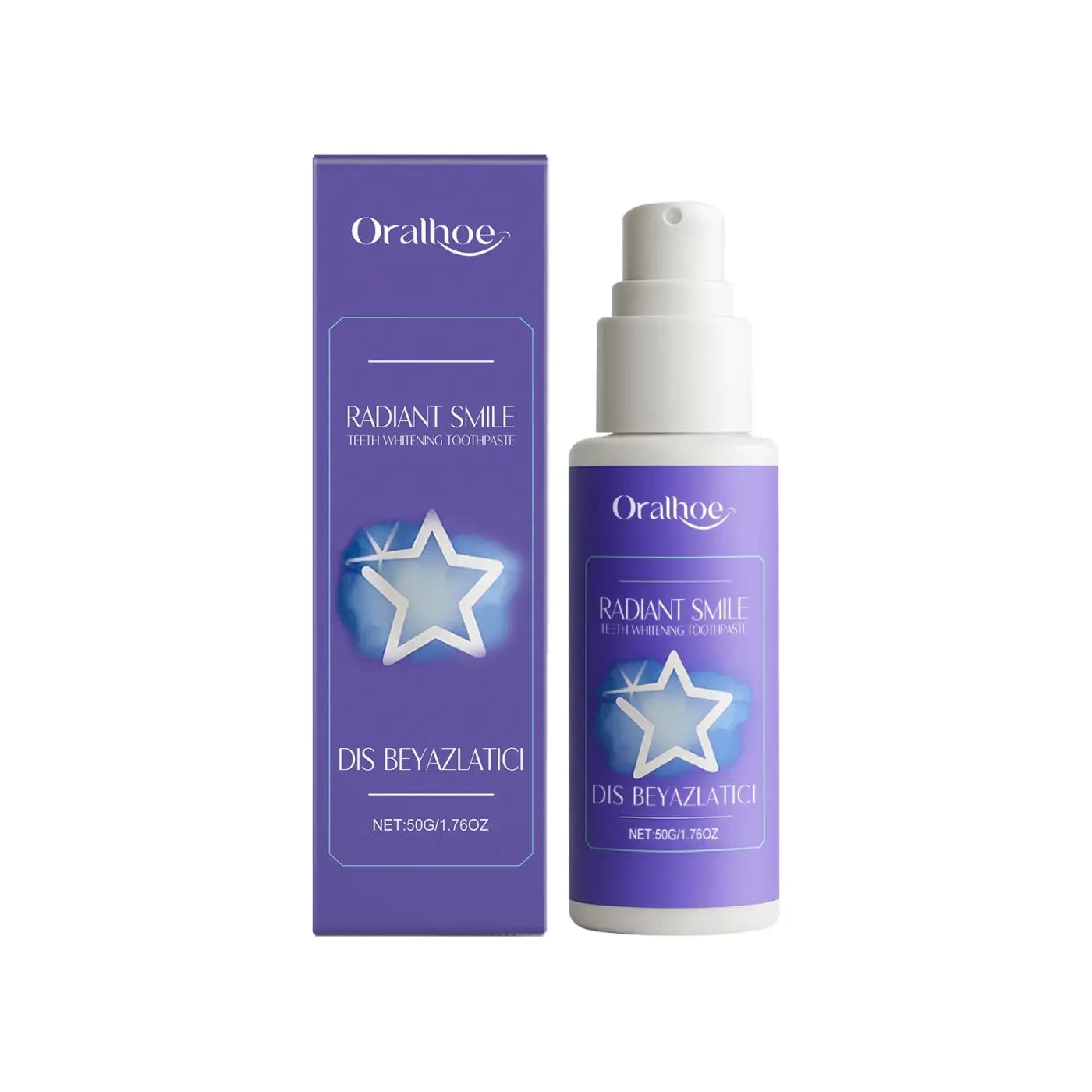 Purple oralhoe radiant smile teeth whitening toothpaste in a sleek spray bottle with a white pump and star design on the label for effective teeth whitening care.