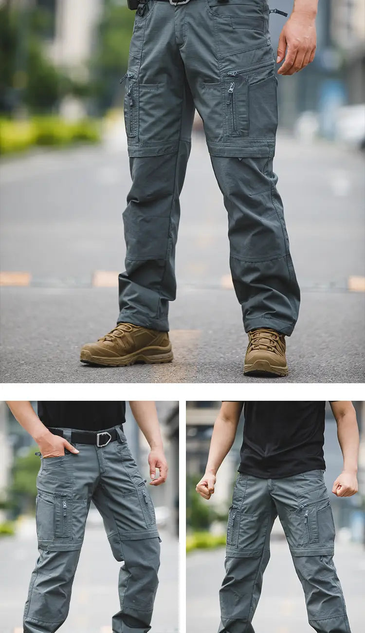 Men’s waterproof tactical hiking cargo pants in dark gray with multiple zippered pockets and reinforced stitching.