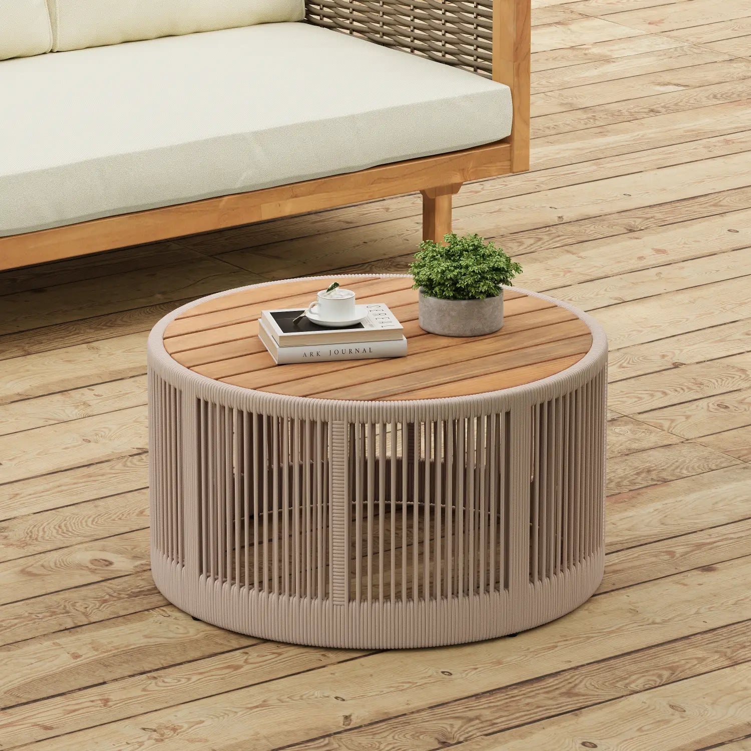 Beige rattan coffee table with a round wooden top and vertical slats from the rustic industrial table set woven rope coffee side table.
