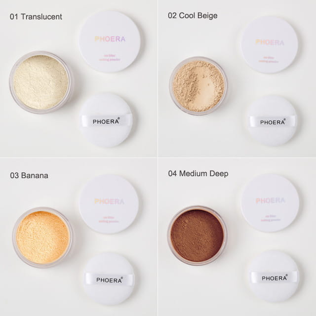 Phoera setting powder oil control matte finish compacts in translucent cool beige banana and medium deep shades displayed in clear glass jars with white lids.