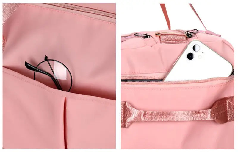 Pink nylon waterproof Oxford travel duffel with rose gold zipper pulls and a matching metallic handle designed for gym and sports use.