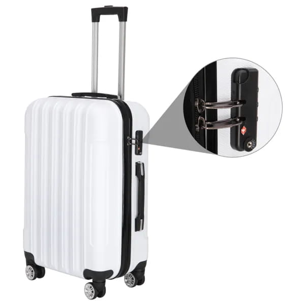 White hard shell spinner suitcase with black trim wheels and handle from a three piece luggage set.