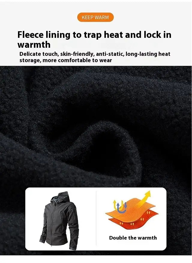 Men’s black waterproof tactical fleece soft shell jacket with a fleece-lined interior featuring a soft skin-friendly texture designed for warmth and comfort.