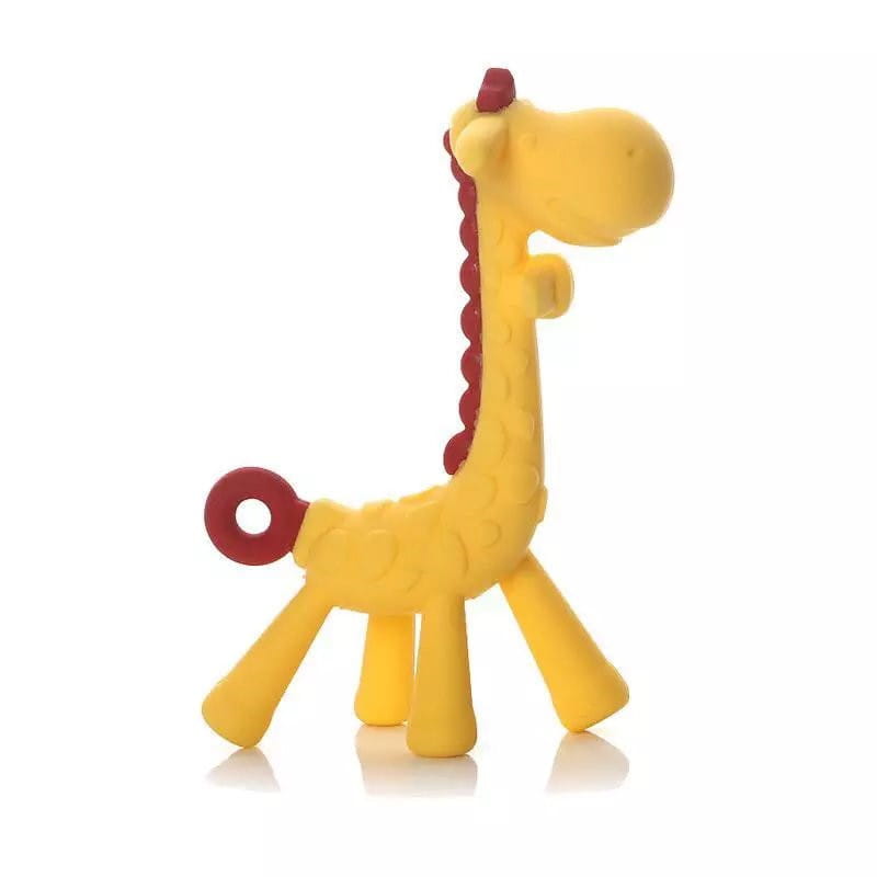 Yellow silicone giraffe baby teether with red textured mane and tail ring designed as a molar toy for soothing gums.
